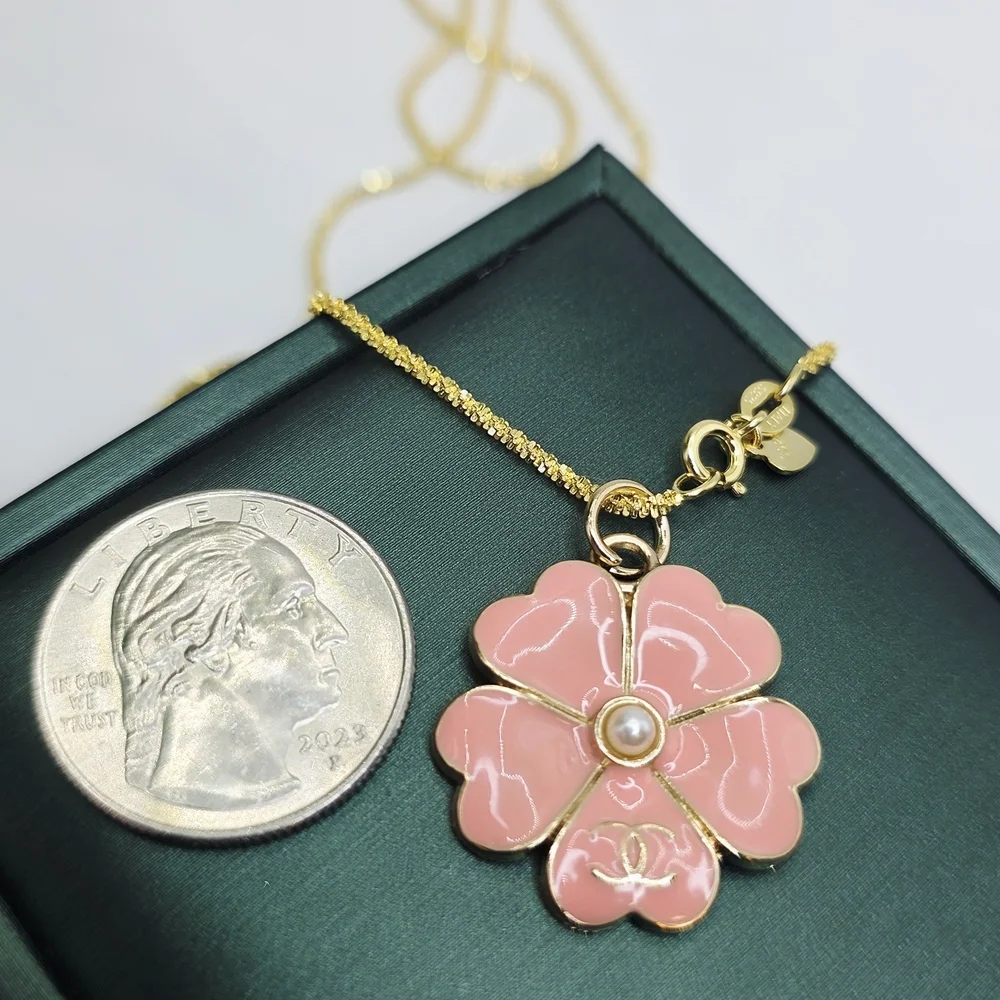 Chanel Pink Camellia Flower Pendant Necklace Pearl Center • 20" Gold Rope 925 - Picture 2 of 3